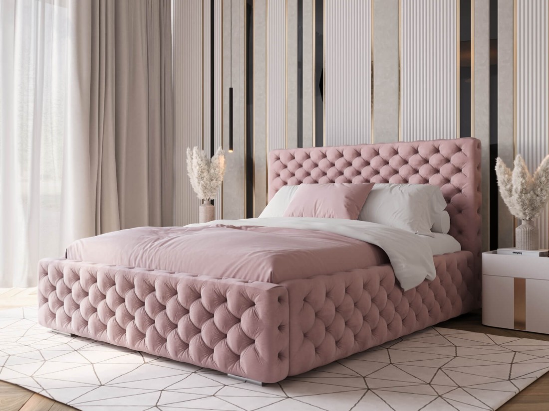 Łóżko tapicerowane z pojemnikiem 140x200 różowe PRO line 15