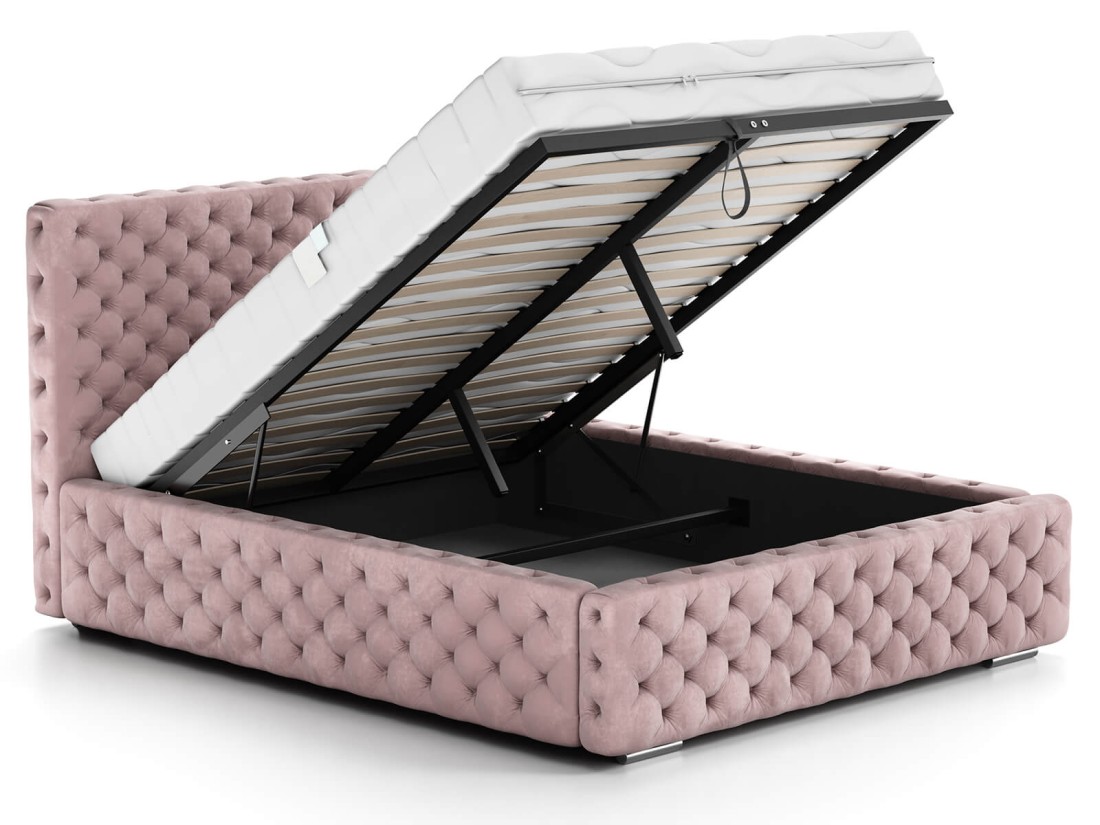 Łóżko tapicerowane z pojemnikiem 140x200 różowe PRO line 15