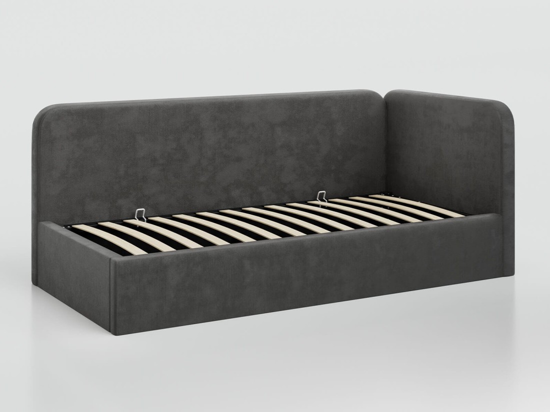 Tapczan jednoosobowy tapicerowany 90x200 z pojemnikiem ze stelażem Bluvel 18 Grafitowy Leo