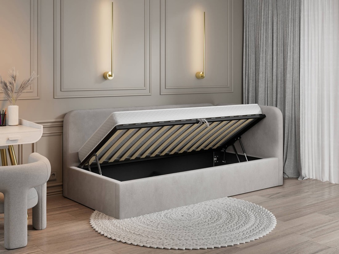 Tapczan jednoosobowy tapicerowany 90x200 z pojemnikiem ze stelażem Bluvel 03 Jasny Szary Leo