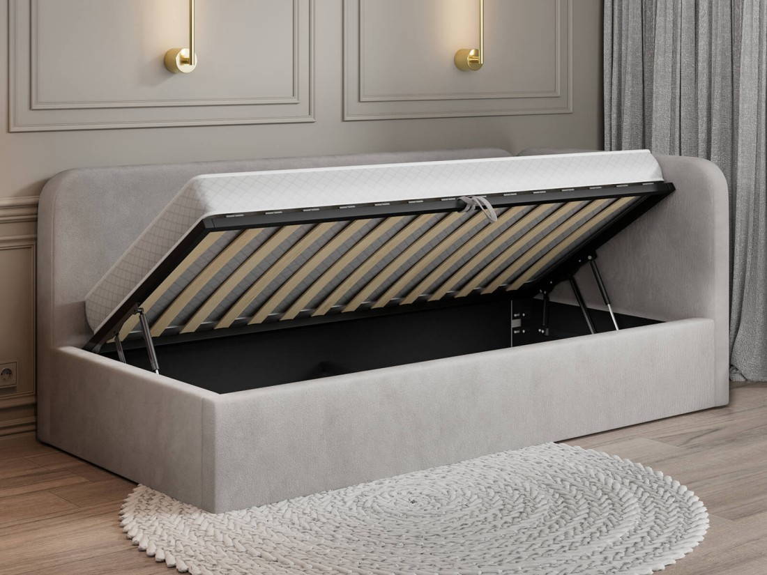 Tapczan jednoosobowy tapicerowany 90x200 z pojemnikiem ze stelażem Bluvel 03 Jasny Szary Leo