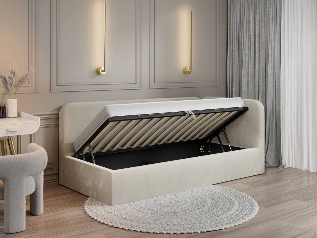 Tapczan jednoosobowy tapicerowany 90x200 z pojemnikiem ze stelażem Bluvel 22 Beżowy Leo