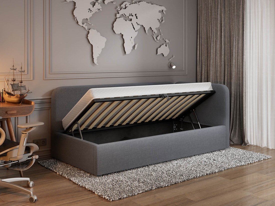 Tapczan jednoosobowy tapicerowany 90x200 z pojemnikiem ze stelażem Colet 17 Szary Leo