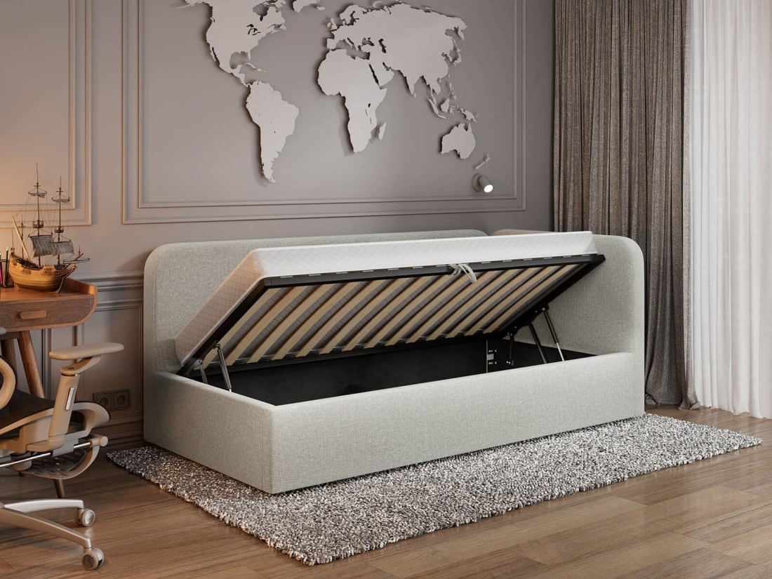 Tapczan jednoosobowy tapicerowany 90x200 z pojemnikiem ze stelażem Colet 24 Beżowy Leo