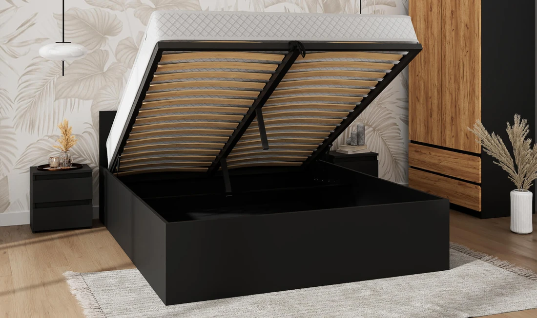 Łóżko z podnoszonym stelażem metalowym i pojemnikiem 160x200 DM1 czarne