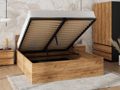 Łóżko z podnoszonym stelażem metalowym i pojemnikiem 160x200 DM1 dąb craft