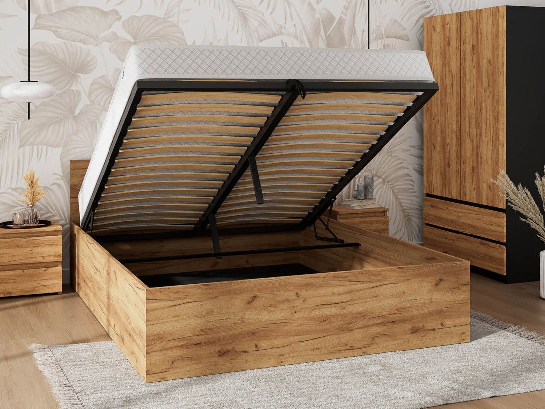 Łóżko z podnoszonym stelażem metalowym i pojemnikiem 120x200 DM1 dąb craft