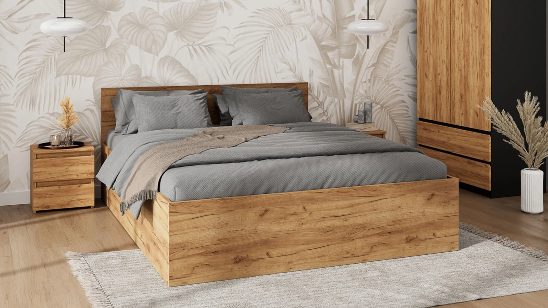 Łóżko z podnoszonym stelażem metalowym i pojemnikiem 120x200 DM1 dąb craft