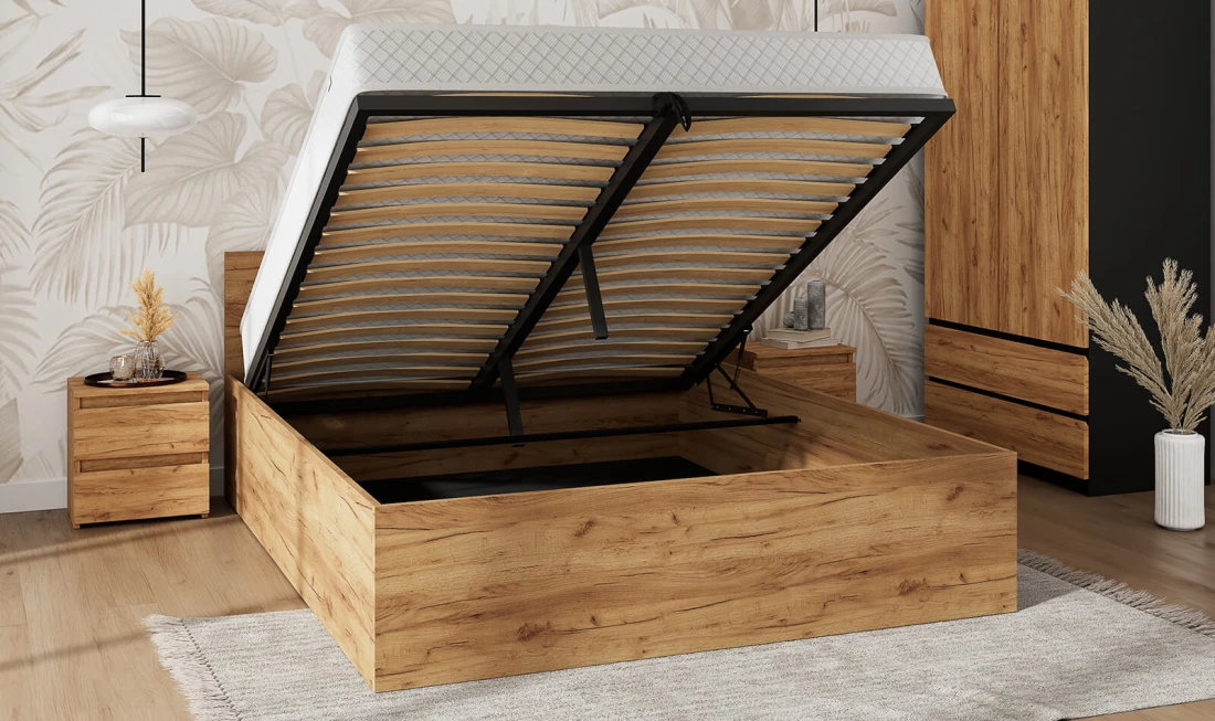 Łóżko z podnoszonym stelażem metalowym i pojemnikiem 120x200 DM1 dąb craft