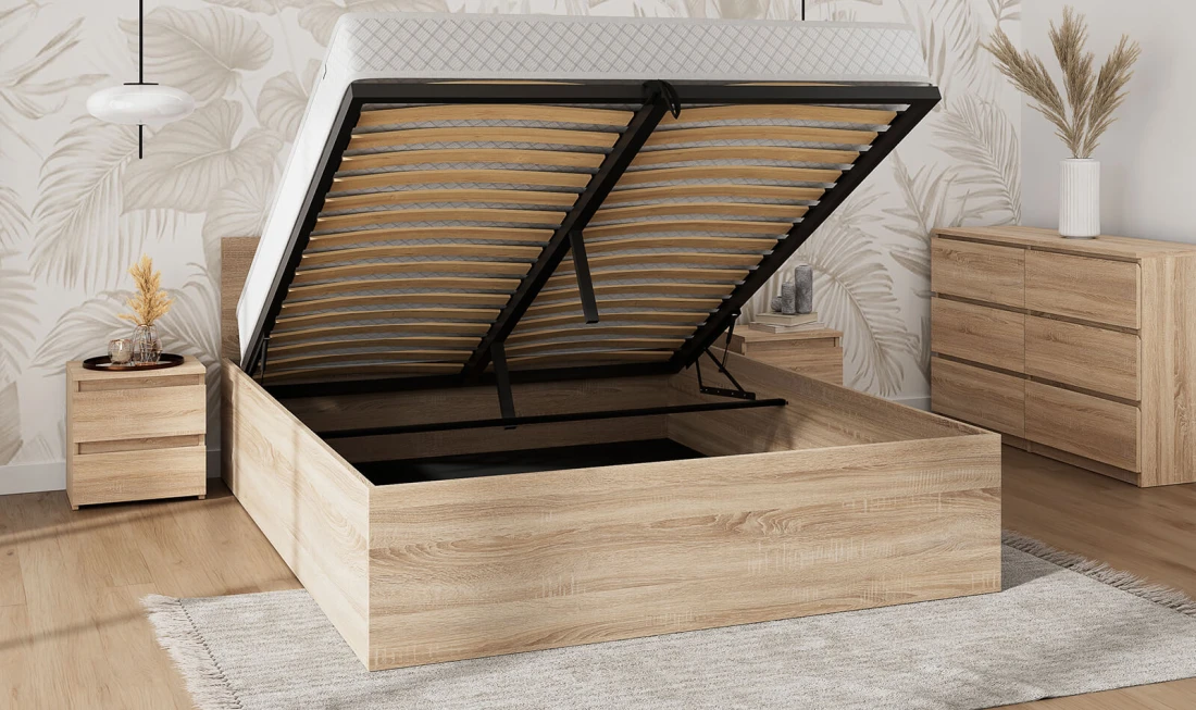 Łóżko z podnoszonym stelażem metalowym i pojemnikiem 160x200 DM1 dąb sonoma