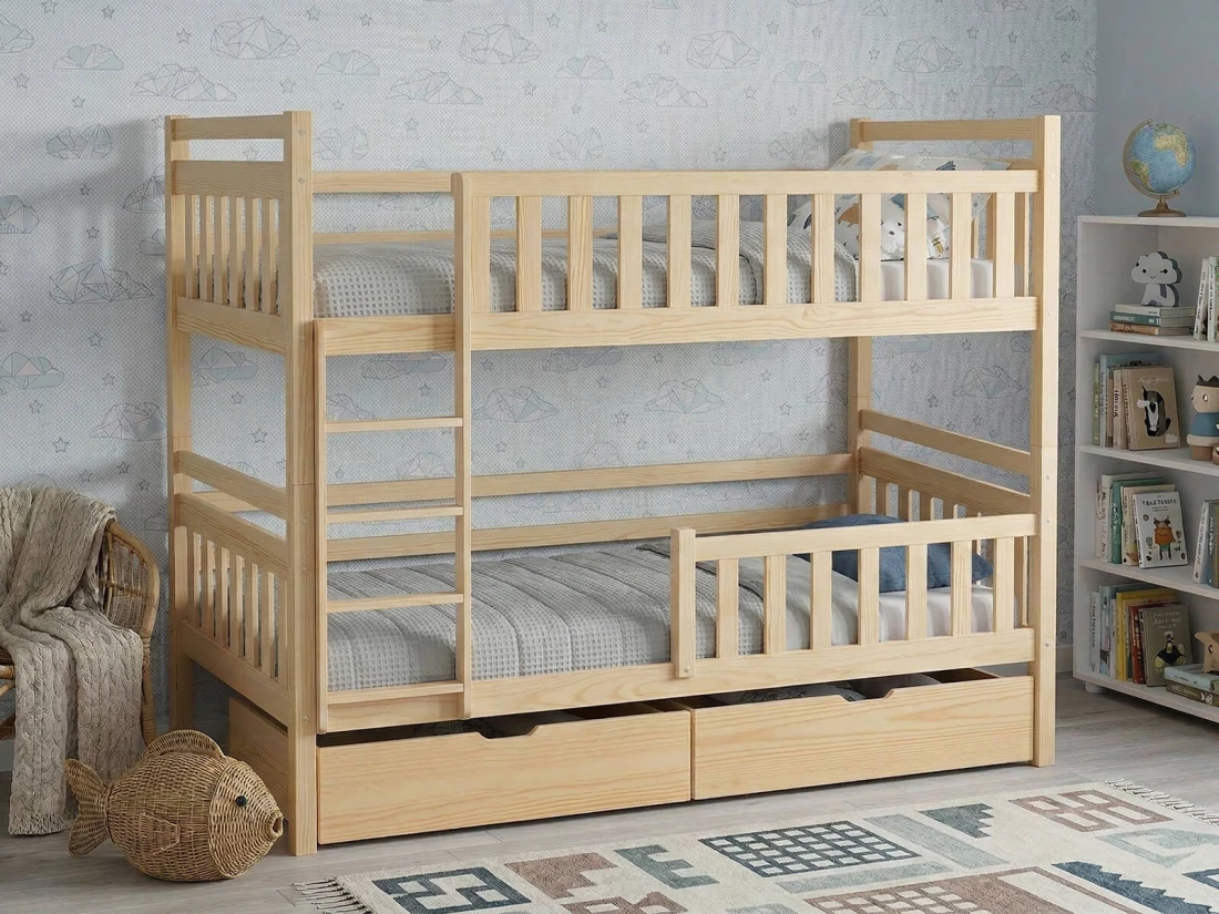 Łóżko piętrowe drewniane 90x200 z szufladami P4S sosna