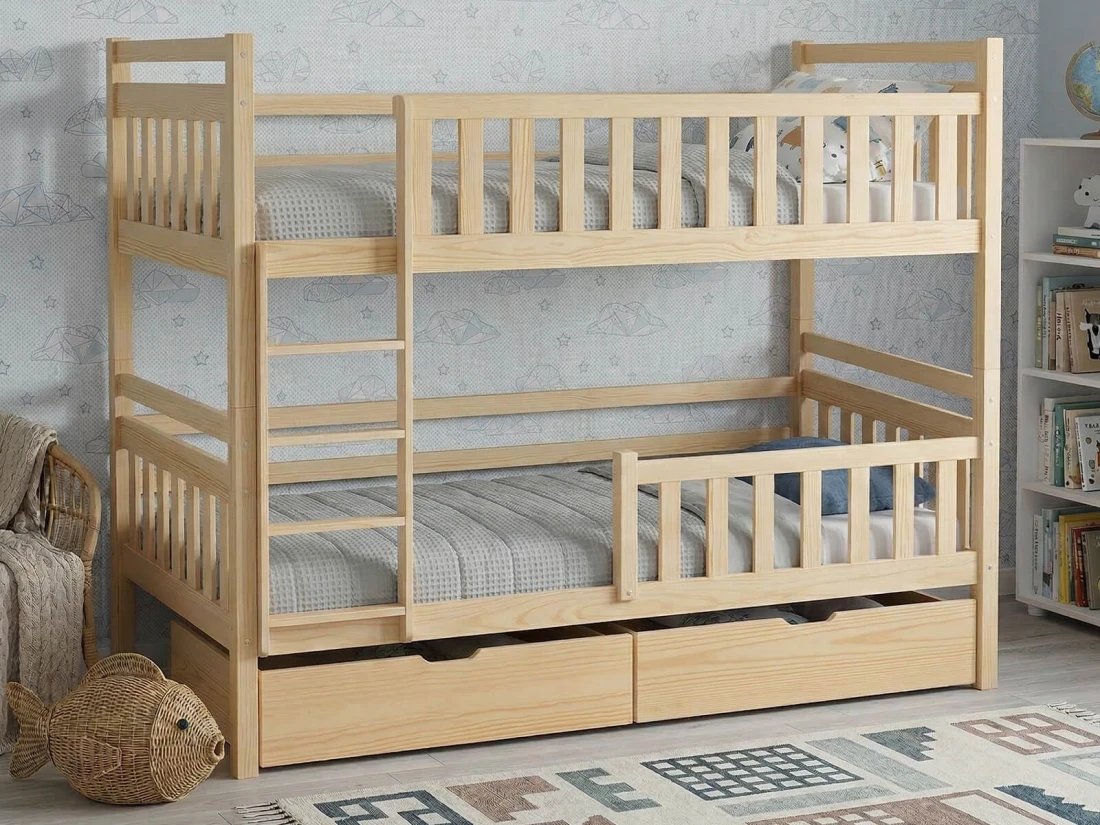 Łóżko piętrowe drewniane 90x200 z szufladami P4S sosna