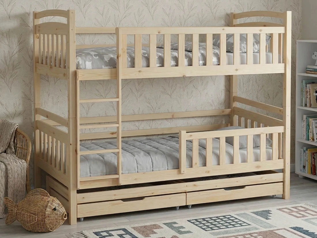 Łóżko piętrowe 3 osobowe drewniane 90x200 z szufladami P3S sosna