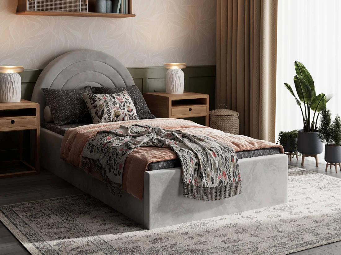 Łóżko dziecięce tapicerowane z pojemnikiem 90x200 ze stelażem szary Bluvel 03 Kids Line 5 Tęcza