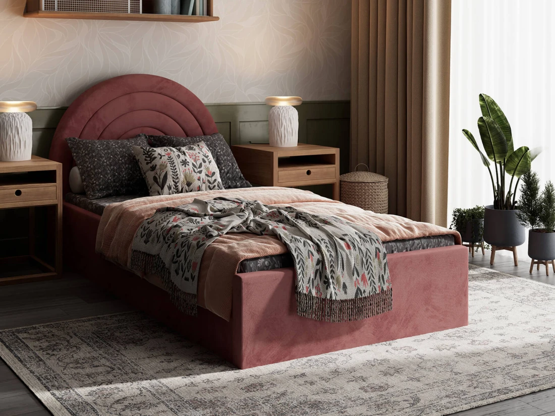 Łóżko dziecięce tapicerowane z pojemnikiem 90x200 ze stelażem różowe Bluvel  52 Kids Line 5 Tęcza