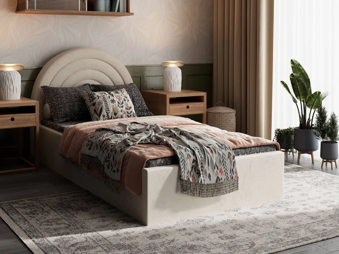 Łóżko dziecięce tapicerowane z pojemnikiem 90x200 ze stelażem beżowy Bluvel  22 Kids Line 5 Tęcza