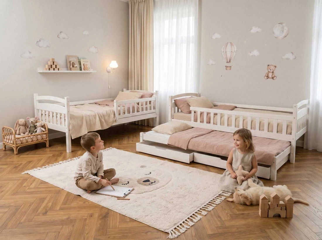 Łóżko piętrowe 3 osobowe drewniane 90x200 z szufladami P3S białe
