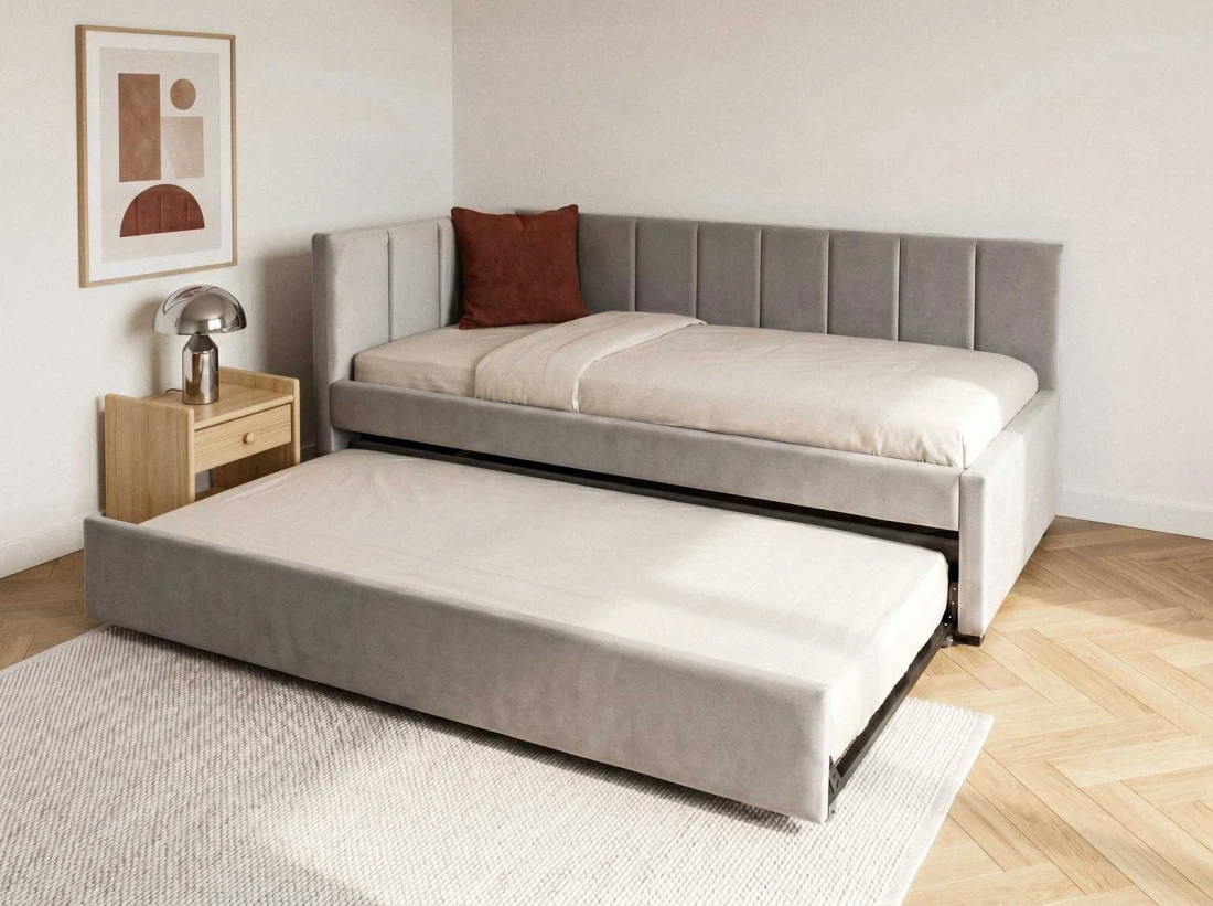 Tapczan dwuosobowy rozkładany z wysuwanym łóżkiem Dan 90x200 Bluvel 03 Szary