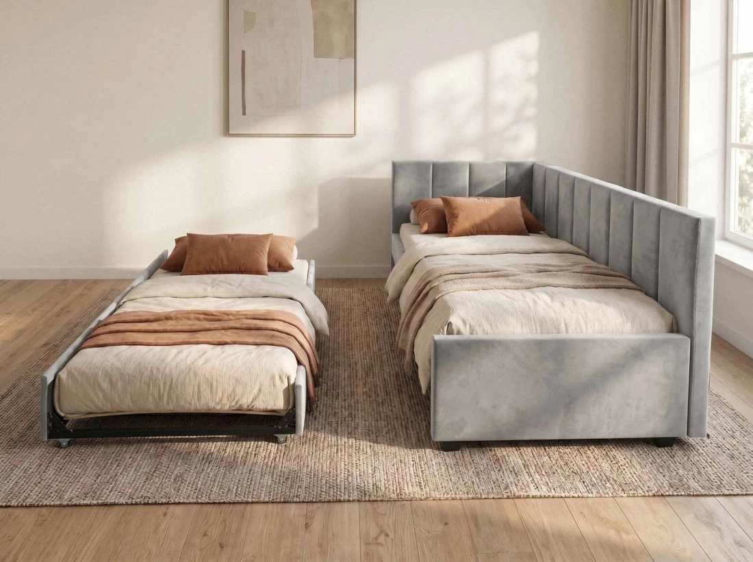 Tapczan dwuosobowy rozkładany z wysuwanym łóżkiem Dan 90x200 Bluvel 03 Szary