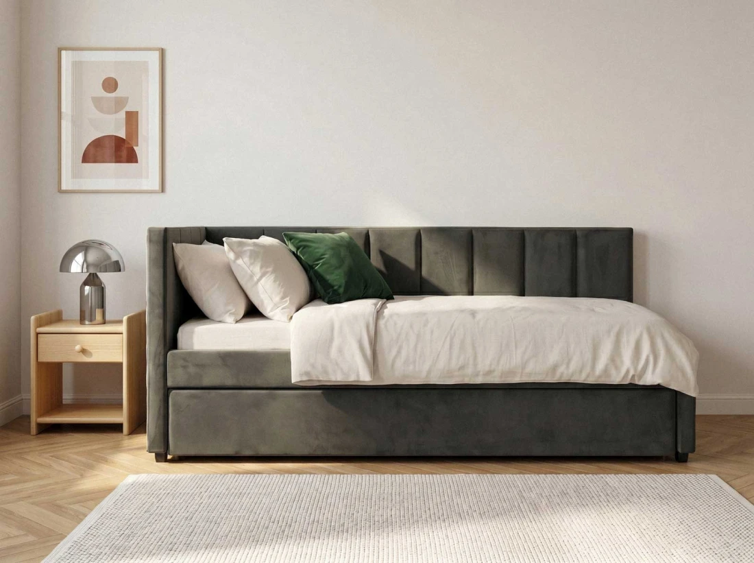 Tapczan dwuosobowy rozkładany z wysuwanym łóżkiem Dan 90x200 Bluvel 18 Grafitowy