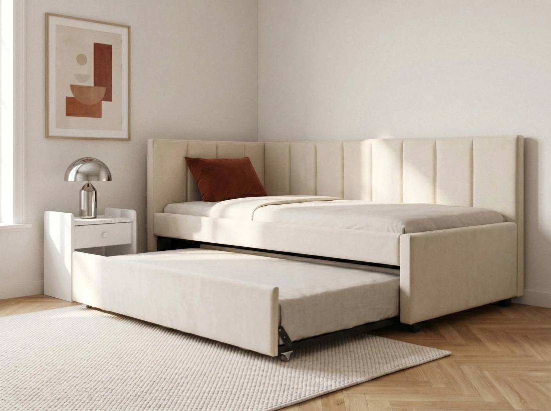 Tapczan dwuosobowy rozkładany z wysuwanym łóżkiem Dan 90x200 Bluvel 22 Beżowy
