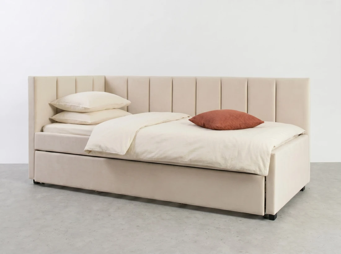 Tapczan dwuosobowy rozkładany z wysuwanym łóżkiem Dan 90x200 Bluvel 22 Beżowy