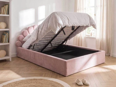 Łóżko dziecięce tapicerowane z pojemnikiem 120x200 z podnoszonym stelażem różowy Velvet Kids Line 3 Muszelka