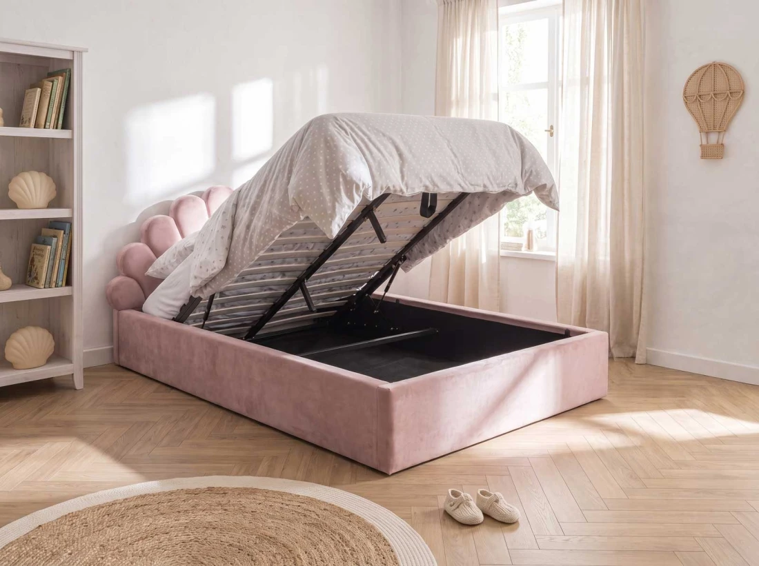 Łóżko dziecięce tapicerowane z pojemnikiem 120x200 z podnoszonym stelażem różowy Velvet Kids Line 3 Muszelka