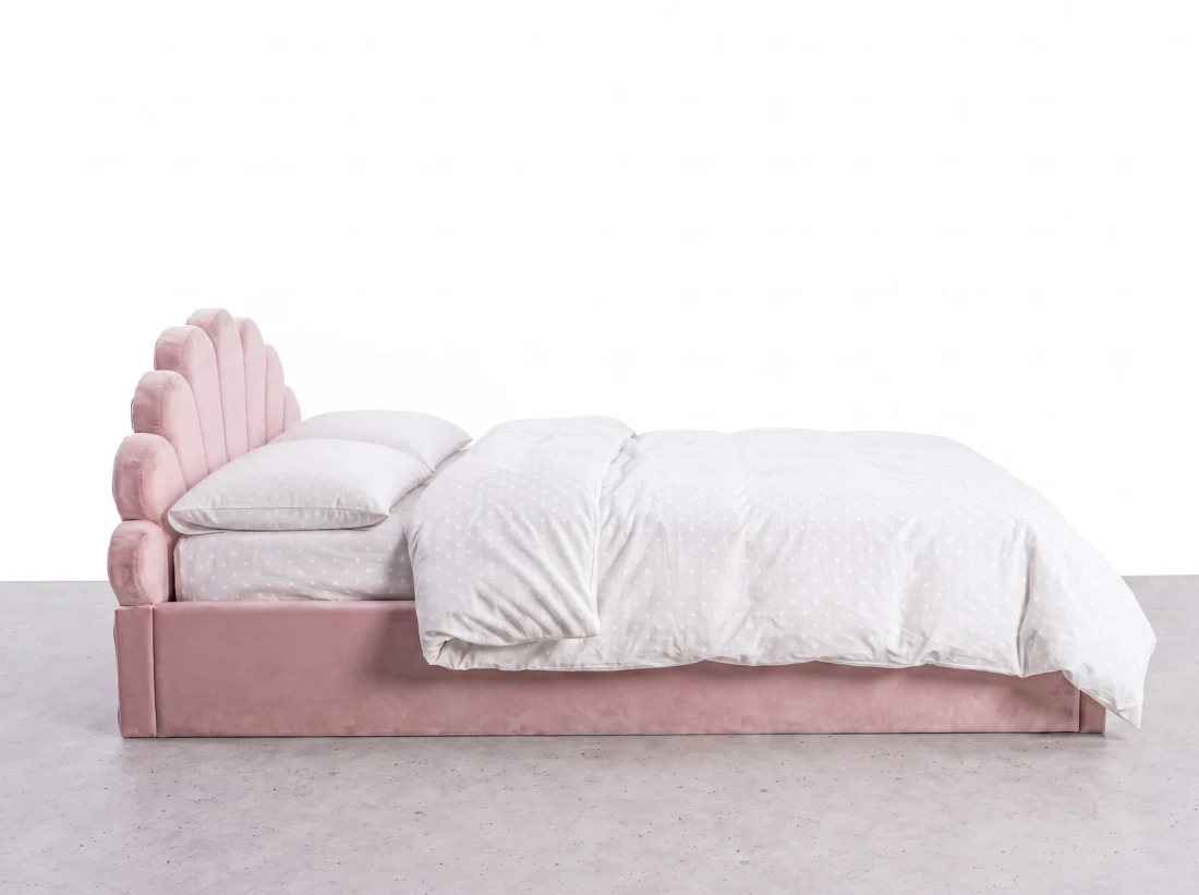 Łóżko dziecięce tapicerowane z pojemnikiem 120x200 z podnoszonym stelażem różowy Velvet Kids Line 3 Muszelka